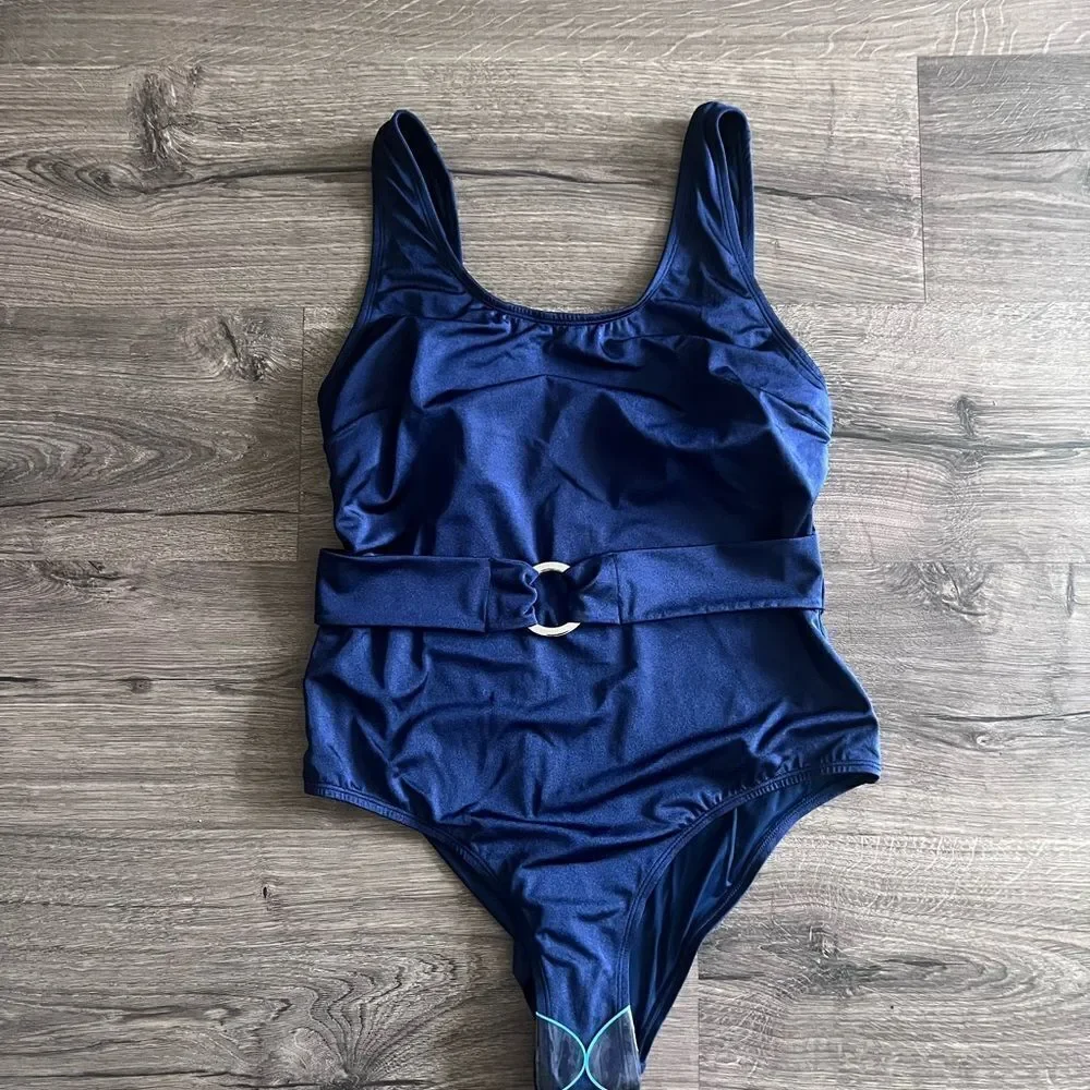 Wolf & Whistle Navy Belted Plunge Swimsuit Curve size 14